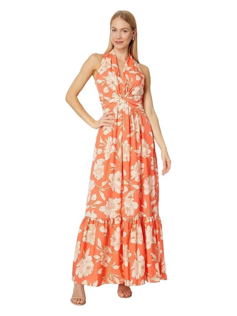 Vince Camuto Coral Floral Halter Twist Maxi Dress Size 6